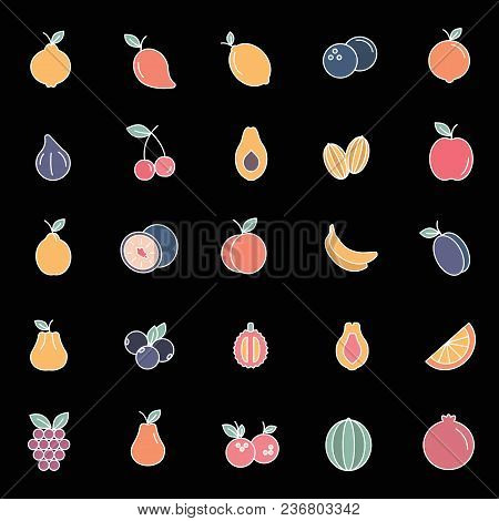 Fruit Color Cartoon Icons Set. Vector Illustration Of Fruits And Berryes In Cartoon Stile Isolated O