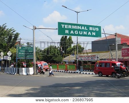 Jakarta, Indonesia - March 24, 2017: Terminal Bus Ragunan (ragunan Bus Station) Near The Entrance Ga