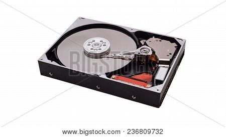Open Hard Disk With Visible Plate And Magnetic Needle. Computer Components