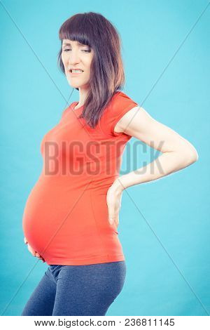 Sad Pregnant Woman With Stomach Pain Or Back Aches, Concept Of Health Care, Suffering, Nausea Or Ind