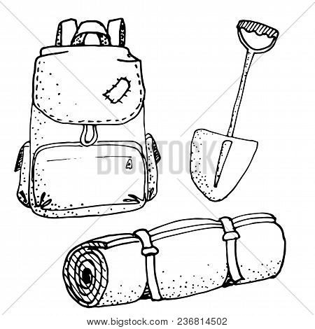 Doodle Camping Equipment Set Hand Drawn Black And White Vector Illustration