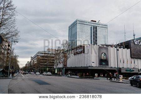 Madrid, Spain - April 7, 2018:  Serrano Street In Salamanca District A Cloudy Day. Salamanca Is Well