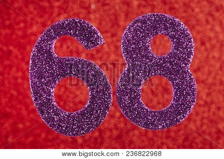 Number Sixty-eight Purple Color Over A Red Background. Anniversary. Horizontal