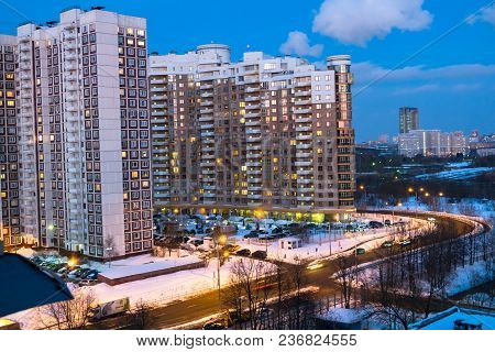 Evening Winter View Of The Environmentally Friendly Comfortable Residential District In Moscow. Busi