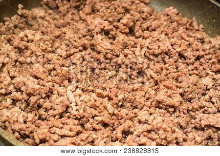 Closeup Of Minced Meat Being Cooked On Skillet