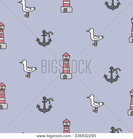 Cute Marine Seamless Pattern. Vector Background With Lighthouse, Anchor, Seagull. Suitable For Wallp