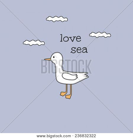Cute Cartoon Gull Whith Clouds. Vector Illustration. Hand Drawn Card For Birthday, Anniversary, Part
