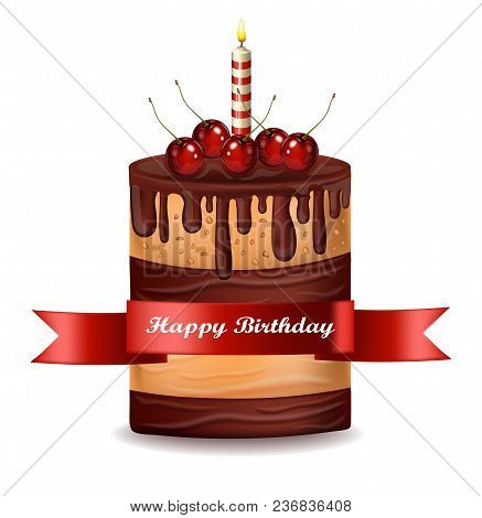 Happy Brithday Cake Vector. Chocolate Cake With Cherries On Top
