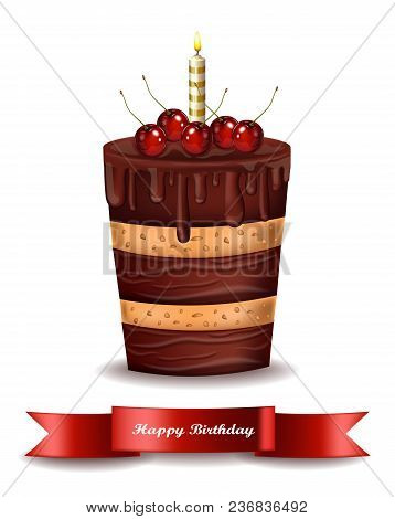 Happy Brithday Cake Vector. Chocolate Cake With Cherries On Top