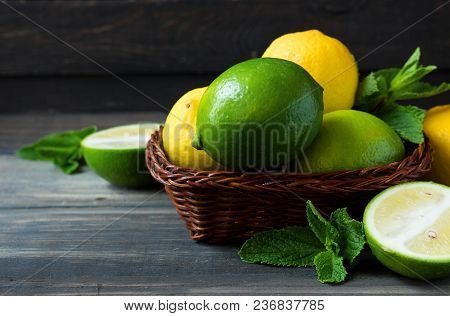 Fresh Citrus And Mint In A Wooden Basket