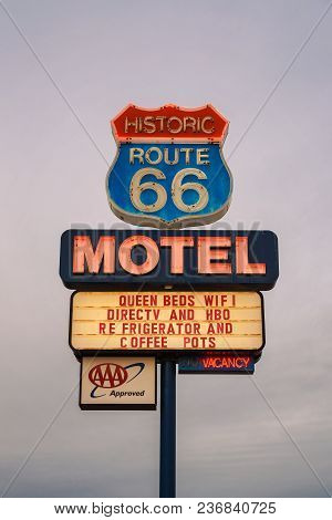 Seligman, Arizona, Usa - January 2, 2018 : Vintage Neon Motel Sign On Historic Route 66