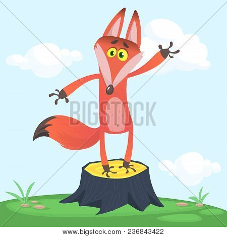 Big Red Fox Tail Angrily Funny Cartoon Style Stand Upright At Grass Green Background, Vector Illustr