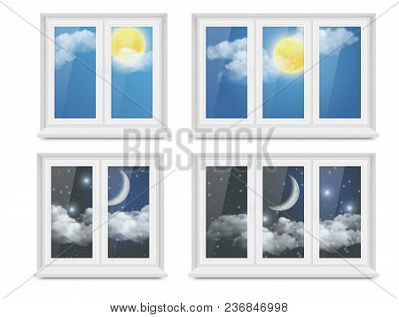 Vector Set Of Realistic Closed White Plastic Windows And Blue Day Sky And Moonlit Night Sky Outside 