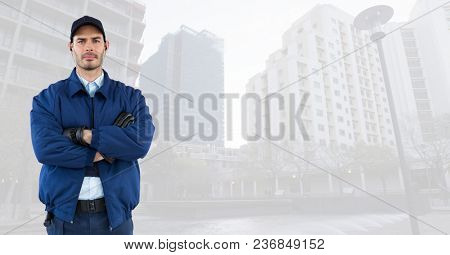 Security man in cityscape