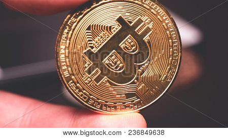 Gold Coin Bitcoin In Hand, Currency Course, Dark Wooden Background.