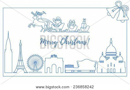 Santa Claus With Christmas Presents In Sleigh With Reindeers Over Famous Buildings And Constructions
