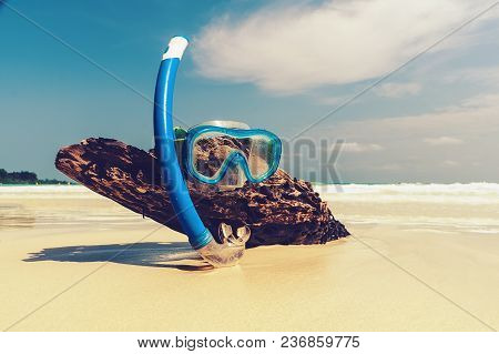 Silicone Mask For Scuba Diving Or Snorkeling On Stones. Mask And Tube For Snorkeling On The Sandy Be