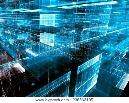 Abstract Technology Background - Computer-generated Image. Digital Art: Blue Glass Walls With Perspe