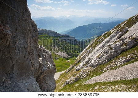 Panorama Of The Upper Engadine From Muottas Muragl With Very Steep Trail, Switzerland