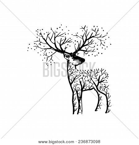 Abstract Deer With Tree. Hand Drawing Illustration.
