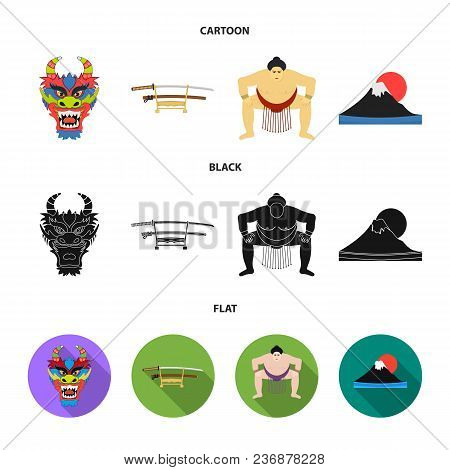 Dragon Mask, Katano, A Man Is A Sumo Player, A Fujiama Mountain.japan Set Collection Icons In Cartoo
