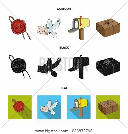 Wax Seal, Postal Pigeon With Envelope, Mail Box And Parcel.mail And Postman Set Collection Icons In 