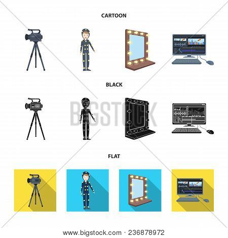 A Movie Camera, A Suit For Special Effects And Other Equipment. Making Movies Set Collection Icons I