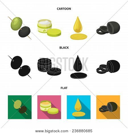 Olives On Skewers. A Piece Of Black Olives, A Jar Of Cream, A Drop Of Oil.olives Set Collection Icon