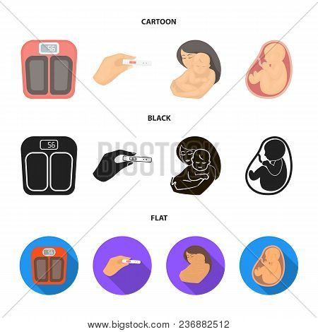 Child In The Womb, Scales, Test. Pregnancy Set Collection Icons In Cartoon, Black, Flat Style Vector