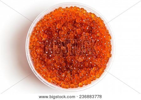 Red Caviar Salmon In A Jar On A White Background