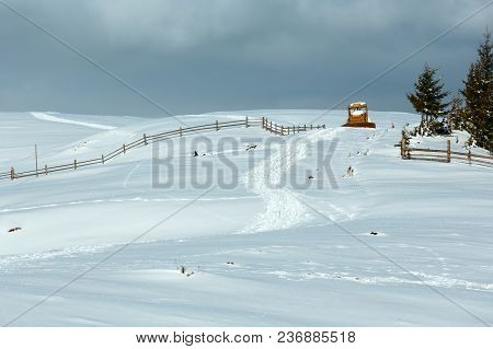 Winter  Morning Scenery Picturesque Mountain Rural Snow Covered Path And Blocked By Snow Bulldozer O