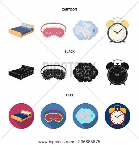 A Bed, A Blindfold, Counting Rams, An Alarm Clock. Rest And Sleep Set Collection Icons In Cartoon, B