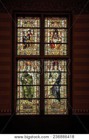 Amsterdam, Northern Netherlands - June 24, 2017. Colorful Stained Glass Window At The Rijksmuseum (n