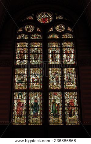 Amsterdam, Northern Netherlands - June 24, 2017. Colorful Stained Glass Window At The Rijksmuseum (n