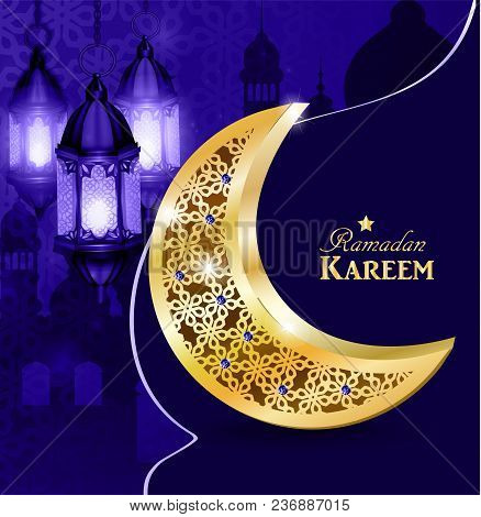 Ramadan Greetings Gold Moon On A Dark Background With Paper Ornament And Maroccan Lanterns