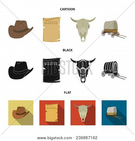 Cowboy Hat, Is Searched, Cart, Bull Skull. Wild West Set Collection Icons In Cartoon, Black, Flat St