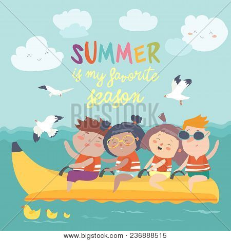 Happy Kids Riding A Banana Boat. Vector Illustration