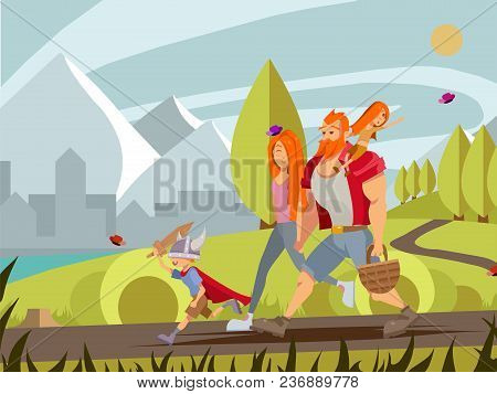 Young Family With Little Boy And Girl Walking In Park. Cartoon Vector Family Walking Outdoor With Mo