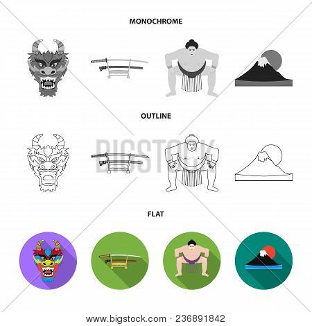 Geta, Sakura Flowers, Bamboo, Hieroglyph.japan Set Collection Icons In Flat, Outline, Monochrome Sty
