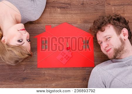 Housing Marriage Family Security Future Finances Mortgage Concept. Just Married Lying On Floor. Youn