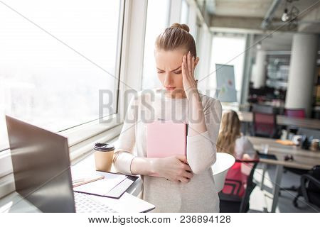 Business Woman Has A Headache. She Is Suffering From It. Girl Took The Madicine But Doesn't Feel Rel