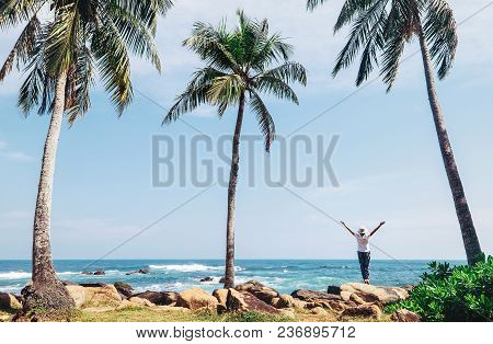 Southern Point Sri Lanka Island - Dondra Cape, Woman Stands On Coast And Looks On Horizont Line