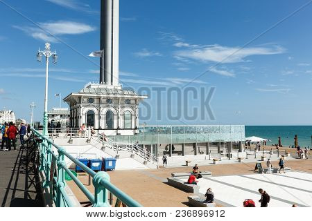 Brighton, United Kingdom - August 1, 2017: Spire And Flag And Ticket Office Building Of British Airw