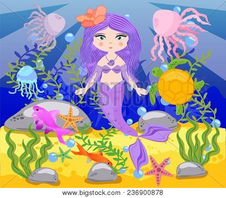 Vector Background With An Underwater World In A Children's Style. A Mermaid Is Sitting On A Rock. Wo