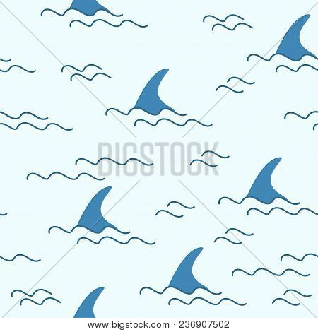 Shark Fin Dolphin Whale Ocean Wave Vector Seamless Pattern Wallpaper Background In Blue Color