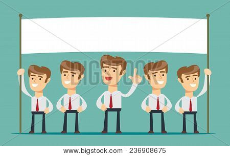 Business Man Showing Blank Signboard, Isolated On Background. Stock Flat Vector Illustration.