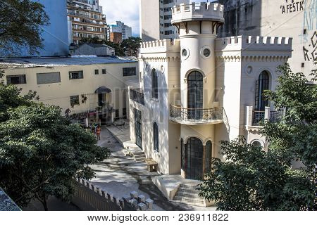 Sao Paulo, Brazil, January 25, 2018. Facade Of Old Building Known As Little Castle Of Apa Street, In