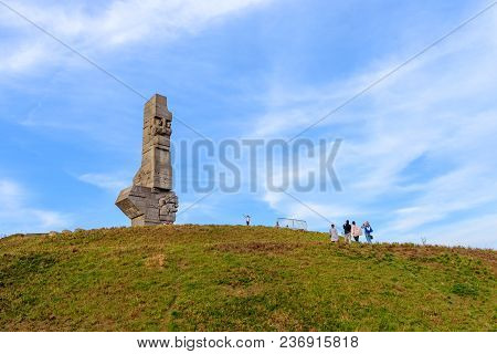 Gdansk Westerplatte, Poland - April 15, 2017: People Standing Near Monument In Memory Of The Polish 