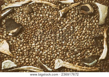 Texture Of Fresh Clean Useful Buckwheat Groats Grain Close-up. Healthy Dietary Food Rich In Microele