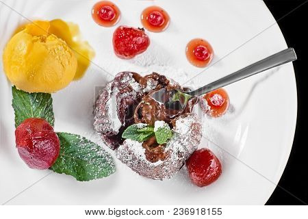 Close Up Of Hot Chocolate Coulant Dessert Cake. Close Up, Restaurant, Cafe, Pub-menu, Food Concept. 